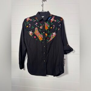 NWT VTG Tapestry Christmas Long or Cuff Sleeve Button Up Shirt Black Combo Small